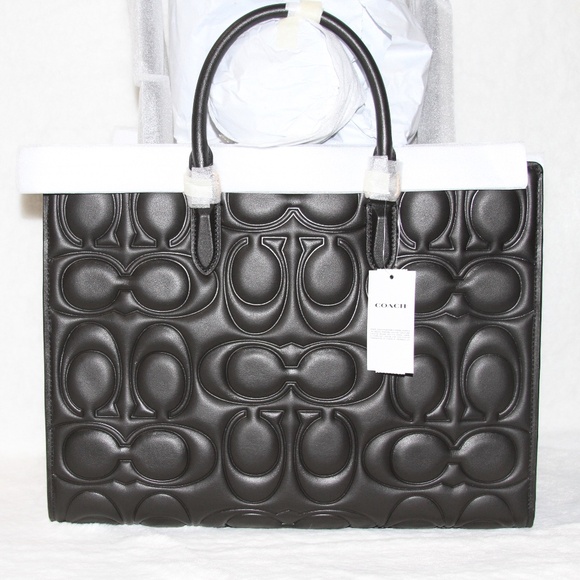 NWT COACH LARGE Black Maggie Tote Bag In Signature Leather Purse - Picture 2 of 6